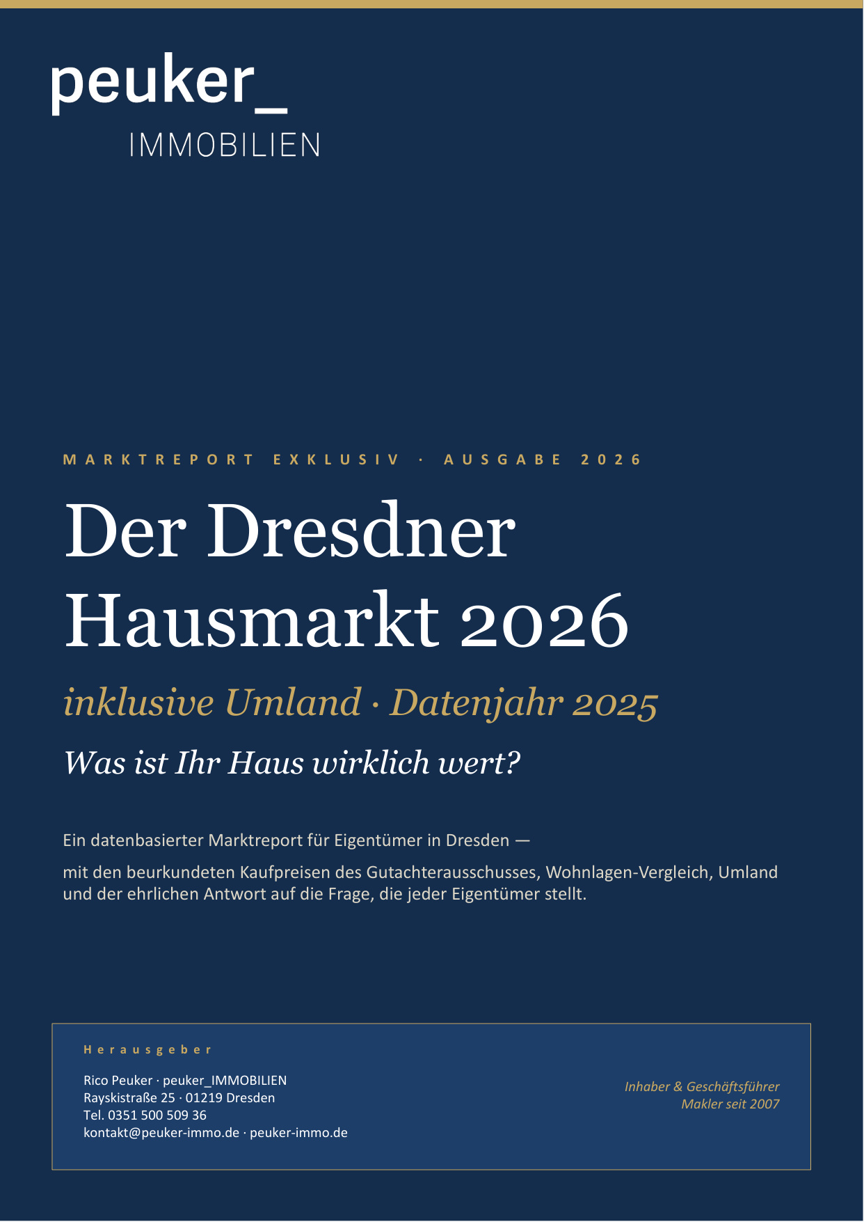 Titelseite des Marktreports Häuser Dresden 2026 von peuker_IMMOBILIEN