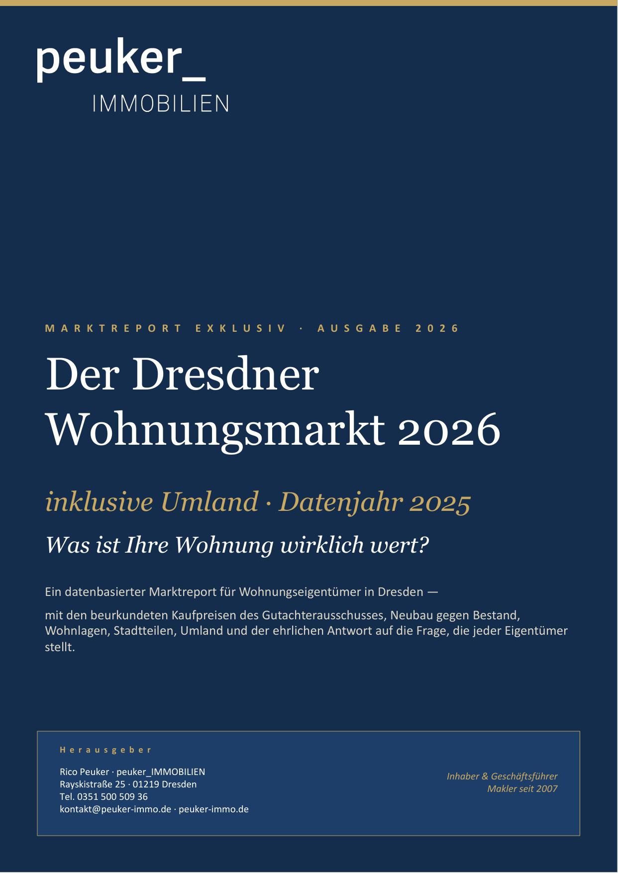 Titelseite des Marktreports Wohnungen Dresden 2026 von peuker_IMMOBILIEN